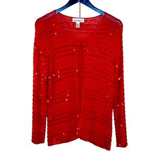 Women’s S. M. Collection Sequin Embellished Loose Knit Cardigan RED, Large